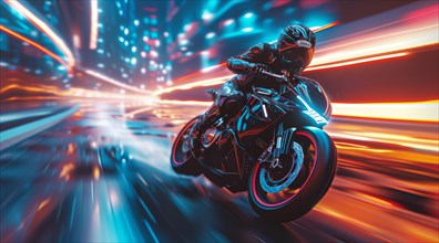 Dynamic image of a biker speeding on a motorcycle through a neon-infused cityscape at night, ai
