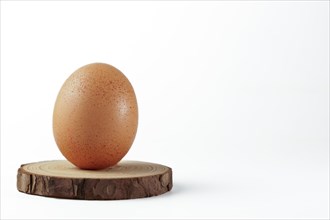 Fresh chicken egg on a wooden disk isolated on a white background
