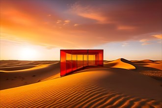 Architectural minimalism capturing intersecting yellow and orange glass walls build in sand dunes,