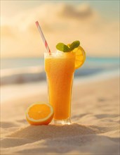 Fresh orange juice cocktail in the sand on a tropical beach resort. Summer relax background. AI