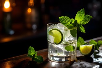 Mojito glass condensation beads shimmering fresh mint leaves garnishing placed on rustic bar, AI