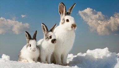 AI generated, A mountain hare and two young in winter, (lepus timidus)