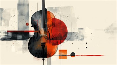 Minimalist art style featuring a violin with geometric shapes and splashes of color, ai generated,