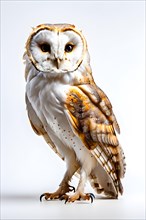 Barn owl body viewed from the side head tilted isolated from background, AI generated