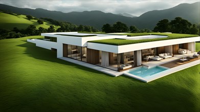 House nestled within a hillside grass blanketed roof harmonizing with the landscape, AI generated,