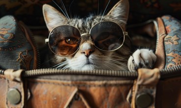 A daring cat peers out of a zippered bag wearing large sunglasses AI generated