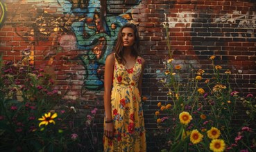 A woman in a yellow dress stands before a graffiti wall, surrounded by flowers AI generated