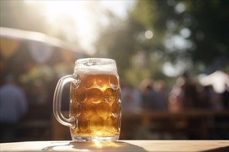 Large beer mug on table in outdoor beer garden or Oktoberfest. KI generiert, generiert AI generated