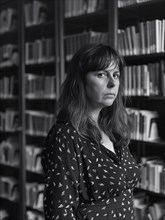 Black and white portrait of a solemn woman in a patterned blouse standing in front of bookshelves,