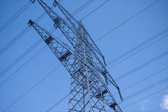 Power pole, high-voltage power line, Lueneburg, Lower Saxony, Germany, Europe