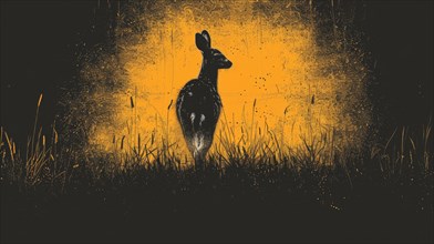 Silhouette of a kangaroo in a field with backlighting creating a dramatic yellow scene, ai
