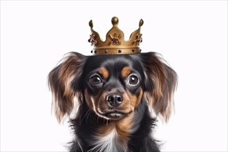 Portrait of cute dog with golden crown in front of white background. KI generiert, generiert AI