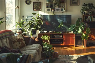 Warm sunlight bathes a cozy living room filled with plants and personal touches, AI generated