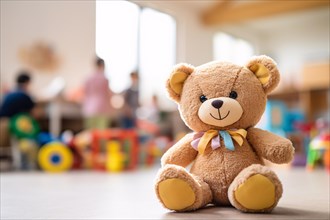 Cute teddy bear child's toy with blurry children kindergarden daycare scene in background. KI