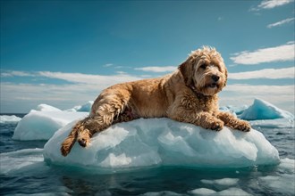 Relaxed labradoodle lagotoo dog lounging on an ice floe with a serene expression, alone isolated in