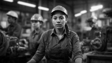 Focused woman worker in industrial setting, wearing helmet, black and white photo, women at heavy