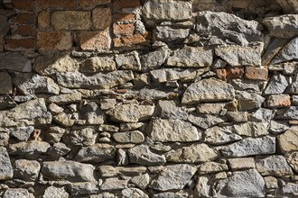 Old natural stone wall with bricks, Kempten, Allgaeu, Bavaria, Germany, Europe