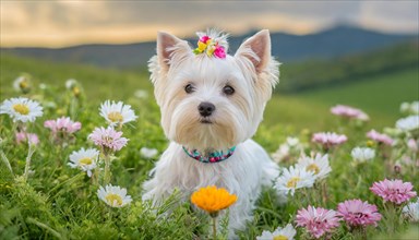 KI generated, A white Yorkshire Terrier lying in a flower meadow, (Canis lupus familiaris)