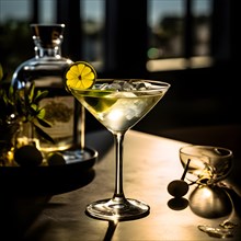 Gin martini with an olive resting on a polished bar top ambient lighting, AI generated