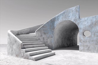 Surreal blue-toned architectural structure with an arch and shadow play, AI generated