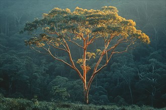 A lone canopy tree stands silhouetted against the dusk light in the rainforest, AI generated