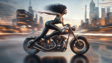 Artistic image of a woman on a motorcycle, cruising through a city with wind in her hair, AI