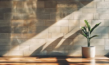 A potted green plant on a wooden surface with sunlight creating a pattern on the brick wall AI