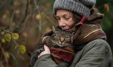 A woman warmly dressed in winter attire embraces a cat, showcasing a bond of affection AI generated