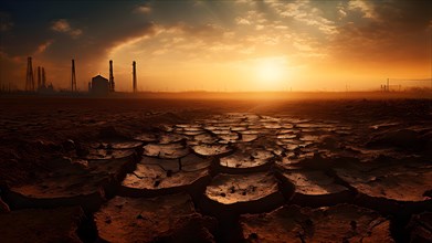 Barren field featuring cracked earth under a merciless scorching sun, AI generated