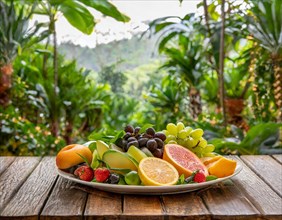 A plate of fruit against a lush green jungle background that conveys a feeling of freshness, AI