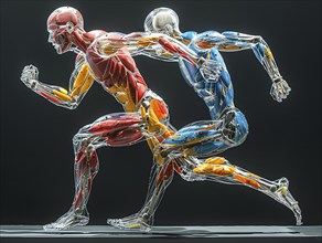 Two coloured, transparent anatomical models in racing pose next to each other, AI generated, AI