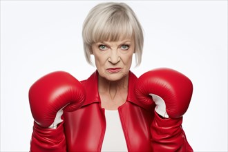 An older woman with boxing gloves looks confidently and resolutely into the camera, symbolic image