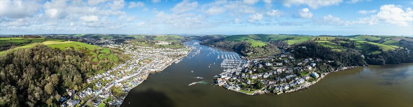 Panorama over Dartmouth and Kingswear over River Dart from a drone, Devon, England, United Kingdom,