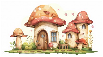 Illustration of a playful mushroom house with a welcoming green garden and an outdoor table setup,
