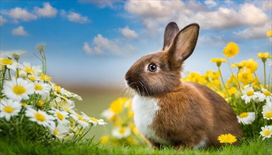 KI generated, A colourful dwarf rabbit in a meadow with white and yellow flowers, spring, side