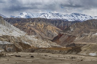 Vast landscape with the snow-covered mountains around Lo Manthang, Kingdom of Mustang, Nepal, Asia