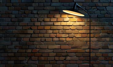 A contemporary adjustable floor lamp casts a warm glow on a brick wall, with distinct shadows AI