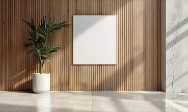 Bright interior space with wood paneling and an empty frame on the wall with a potted plant AI