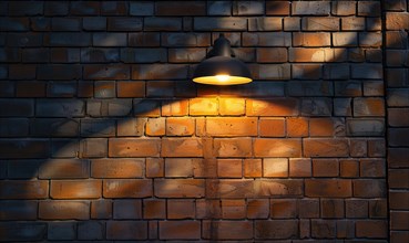 A wall-mounted lamp emits a warm light against a dark brick wall in the evening AI generated