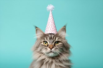 Portrait of cat with birthday party hat in front of blue studio background. KI generiert, generiert