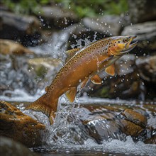 Salmon (Salmo salar) on the migration and swim up a stream in shallow, clear water, ai generiert,