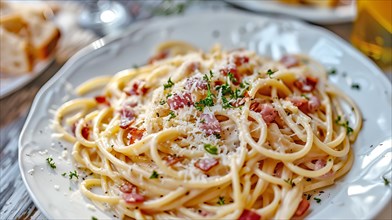 Creamy spaghetti carbonara topped with parmesan, bacon bits, and parsley, ai generated, AI