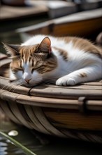 A cute white brown cat sleeps peacefully on the edge of a boat by the water, vertical aspect, AI