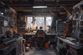 Craftsman working amidst organized tools in his woodworking workshop, AI generated