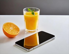 A glass of orange juice with basil next to a halved orange and a smartphone on a light-coloured