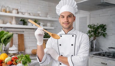 AI generated, portrait, an attractive chef in the kitchen of a hotel