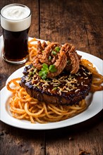 A juicy beef steak topped with a golden pile of crispy fried onions, AI generated, AI generated
