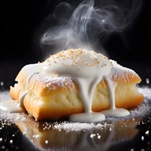 Dampfnudels coated in fine powdered sugar resting in a pool of creamy vanilla sauce, AI generated
