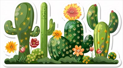 Various cartoon cacti decorated with stars and flowers in a happy setting, ai generated, AI