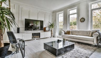 KI generated, A modern white living room, bright furnishings, TV